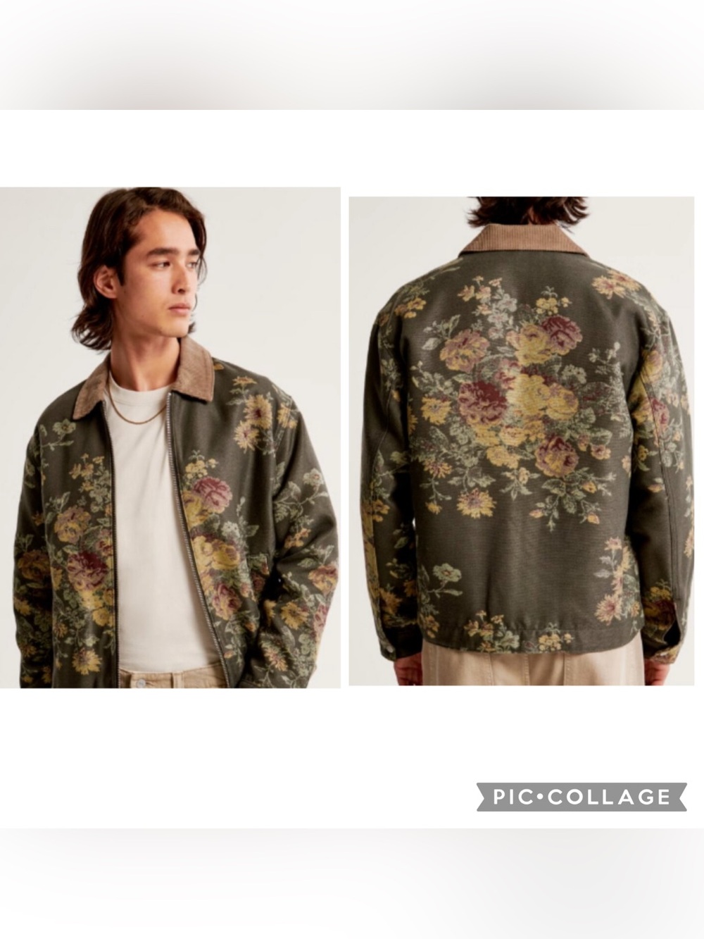 Abercrombie & Fitch Floral Jacquard Tapestry Zip Jacket Olive Multi Size L